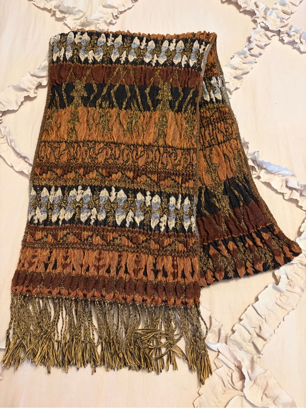 Textured Woven Pre-loved Fringe Scarf in Rust, Black & Gold